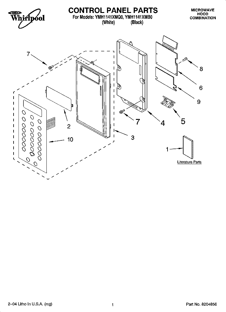 CONTROL PANEL PARTS Diagram and Parts List for YMH1141XMB0  Whirlpool Microwave
