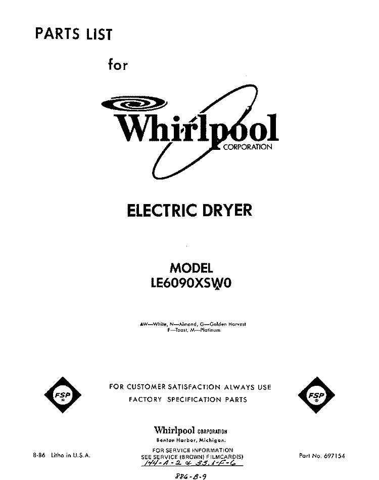 SECTION Diagram and Parts List for LE6090XSW0  Whirlpool Dryer