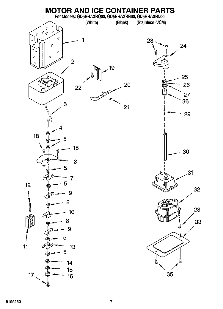 MOTOR AND ICE CONTAINER PARTS Diagram and Parts List for GD5RHAXRB00  Whirlpool Refrigerator