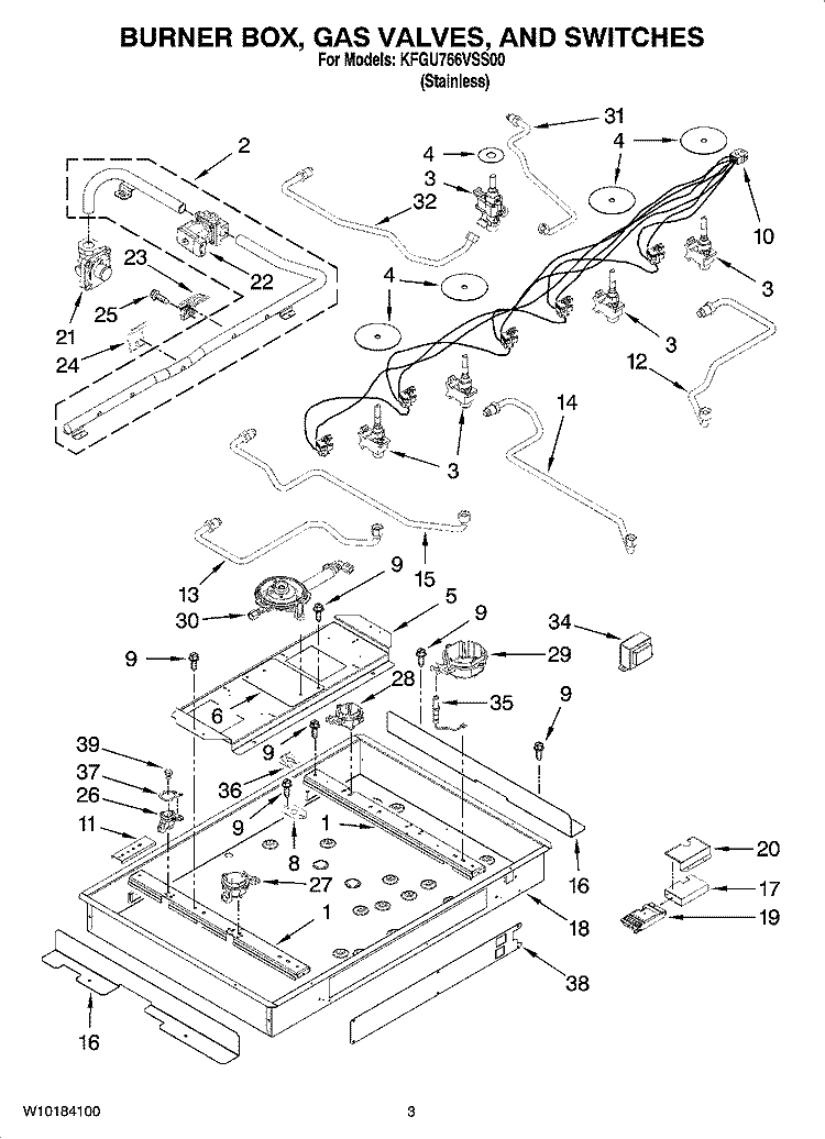 BURNER BOX, GAS VALVES, AND SWITCHES Diagram and Parts List for KFGU766VSS00  KitchenAid Cooktop