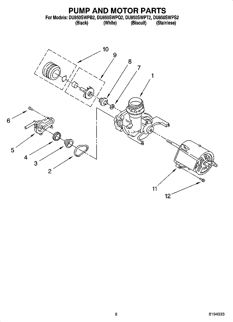 PUMP AND MOTOR PARTS Diagram and Parts List for DU850SWPQ2  Whirlpool Dishwasher
