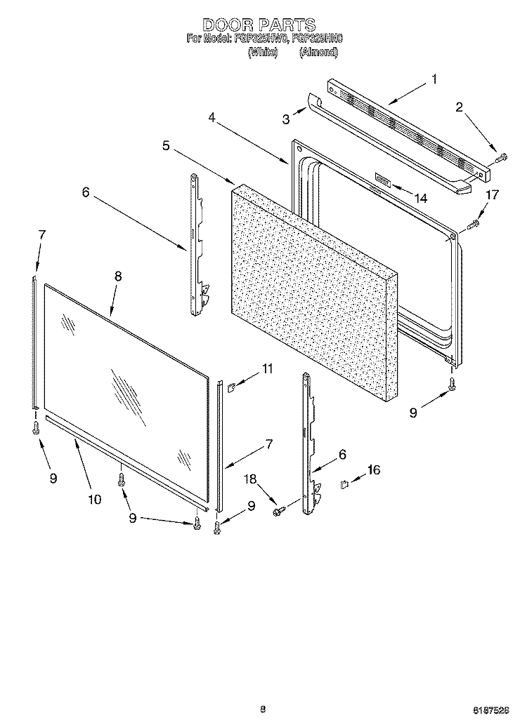 DOOR Diagram and Parts List for FGP325HN0  Roper Range