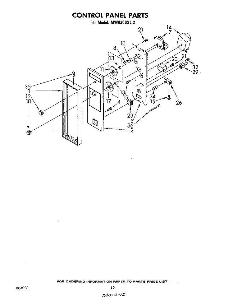 CONTROL PANEL Diagram and Parts List for MW8200XL2  Whirlpool Microwave