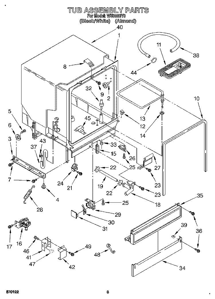 TUB ASSEMBLY, LIT/OPTIONAL Diagram and Parts List for WU3000Y0  Roper Dishwasher