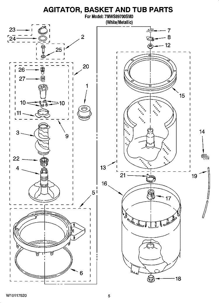 AGITATOR, BASKET AND TUB PARTS Diagram and Parts List for 7MWS89700SM0  Whirlpool Washer