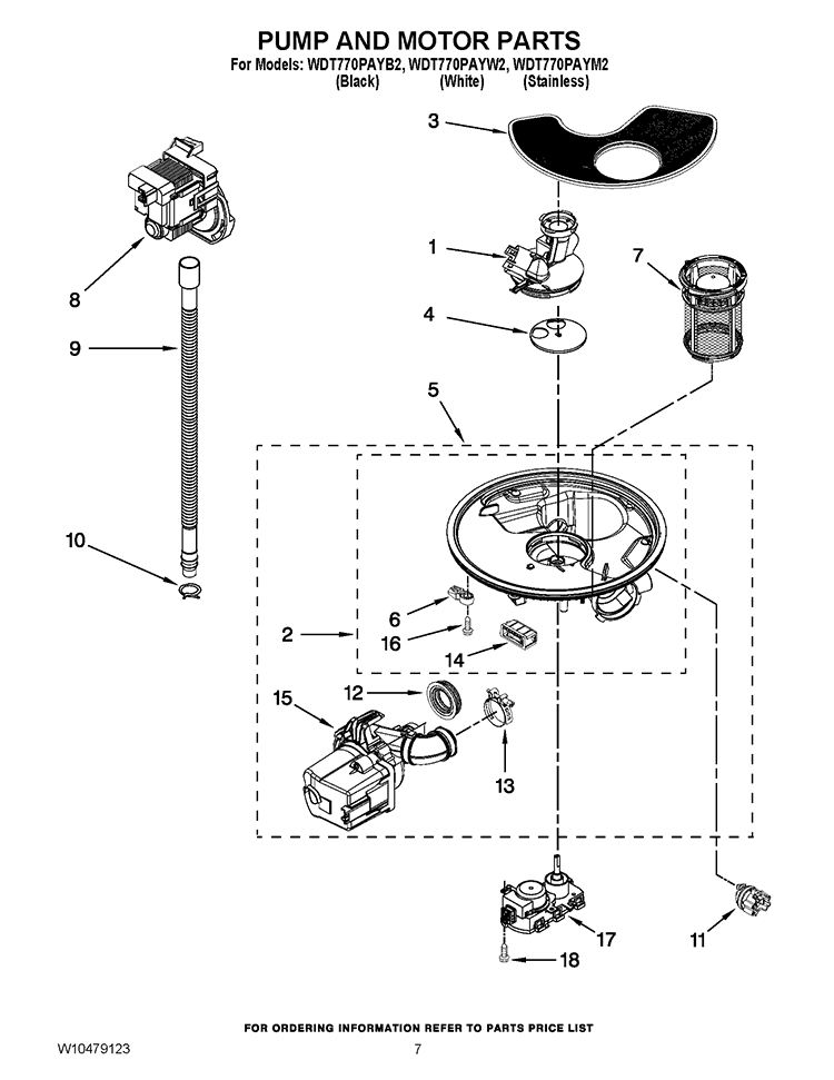 PUMP AND MOTOR PARTS Diagram and Parts List for WDT770PAYW2  Whirlpool Dishwasher