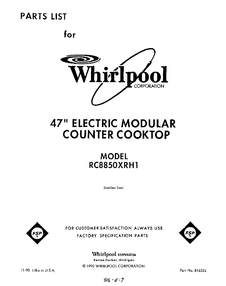 SECTION Diagram and Parts List for RC8850XRH1  Whirlpool Cooktop