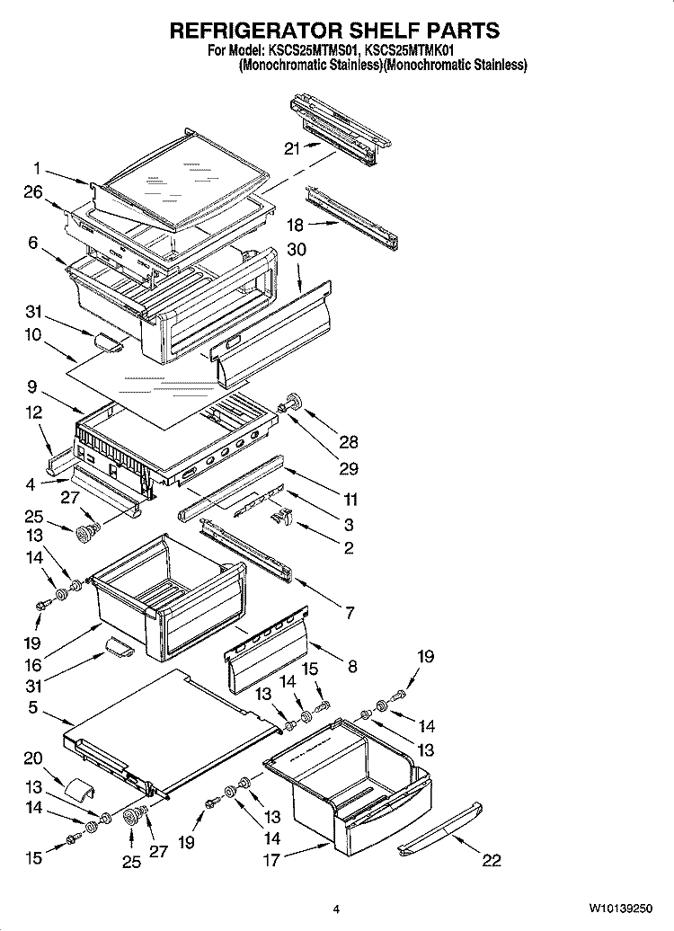 REFRIGERATOR SHELF PARTS Diagram and Parts List for KSCS25MTMK01  KitchenAid Refrigerator
