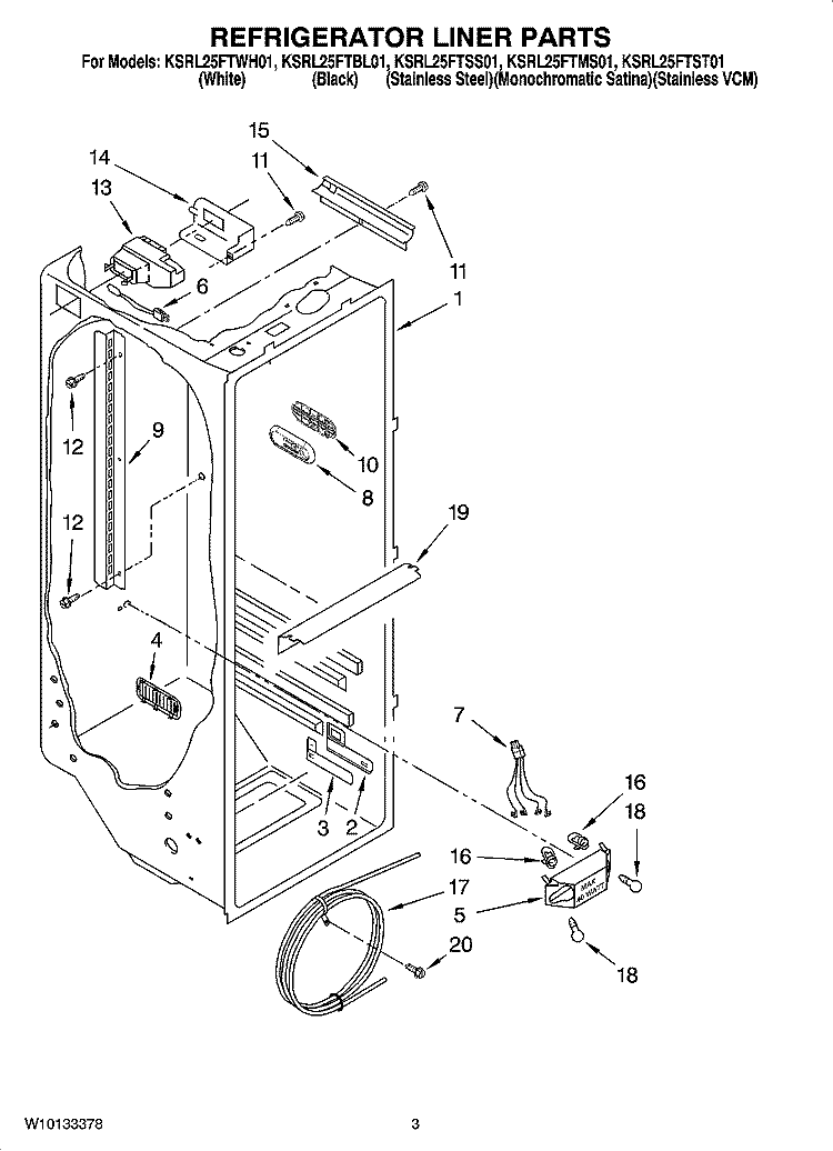 REFRIGERATOR LINER PARTS Diagram and Parts List for KSRL25FTSS01  KitchenAid Refrigerator