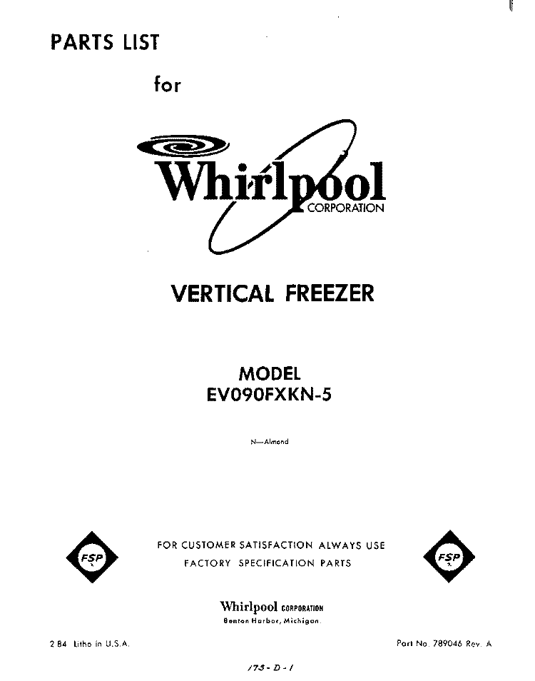 SECTION Diagram and Parts List for EV090FXKN5  Whirlpool Freezer
