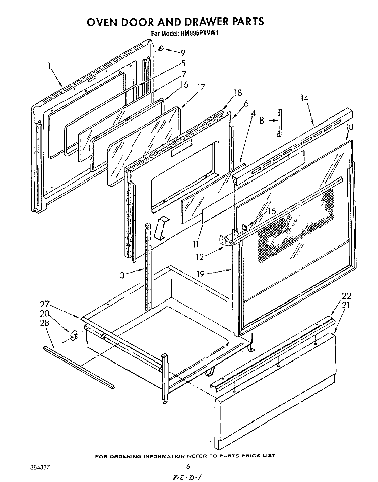 OVEN DOOR AND DRAWER Diagram and Parts List for RM996PXVN1  Whirlpool Microwave Oven Combo
