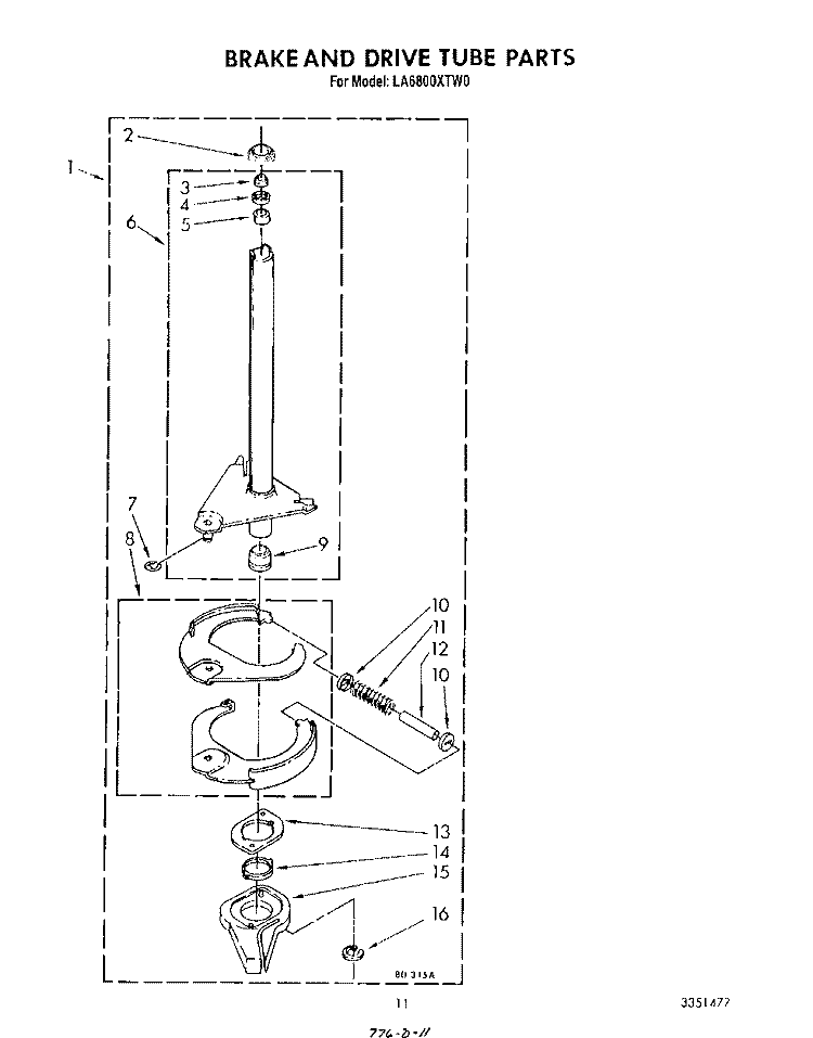 BRAKE AND DRIVE TUBE Diagram and Parts List for LA6800XTF0  Whirlpool Washer