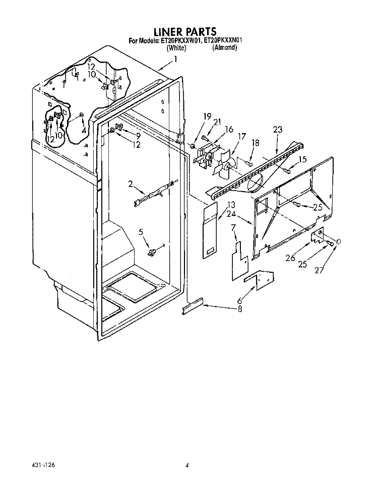 LINER Diagram and Parts List for ET20PKXXW01  Whirlpool Refrigerator