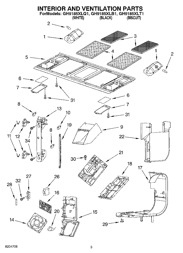 INTERIOR AND VENTILATION PARTS Diagram and Parts List for GH9185XLT1  Whirlpool Microwave