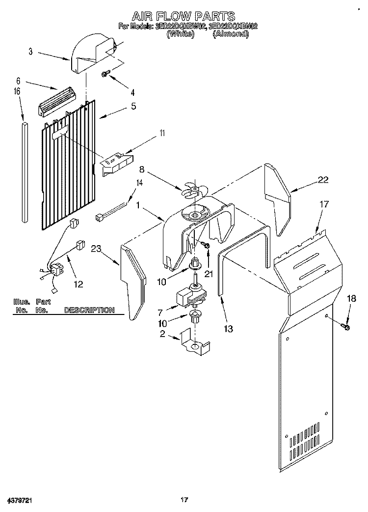 AIR FLOW Diagram and Parts List for 3ED22DQXBN02  Whirlpool Refrigerator