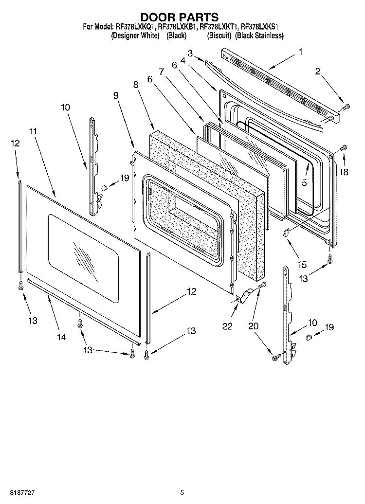 DOOR PARTS Diagram and Parts List for RF378LXKT1  Whirlpool Range