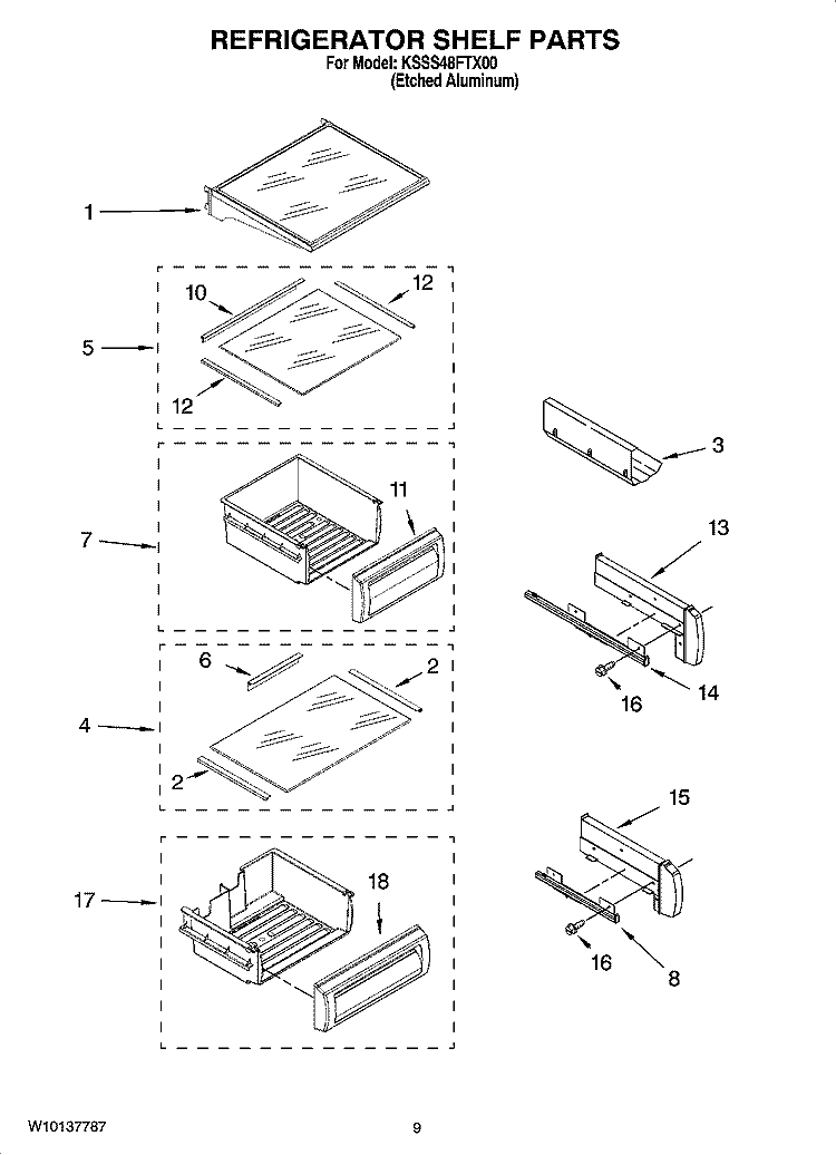 REFRIGERATOR SHELF PARTS Diagram and Parts List for KSSS48FTX00  KitchenAid Refrigerator