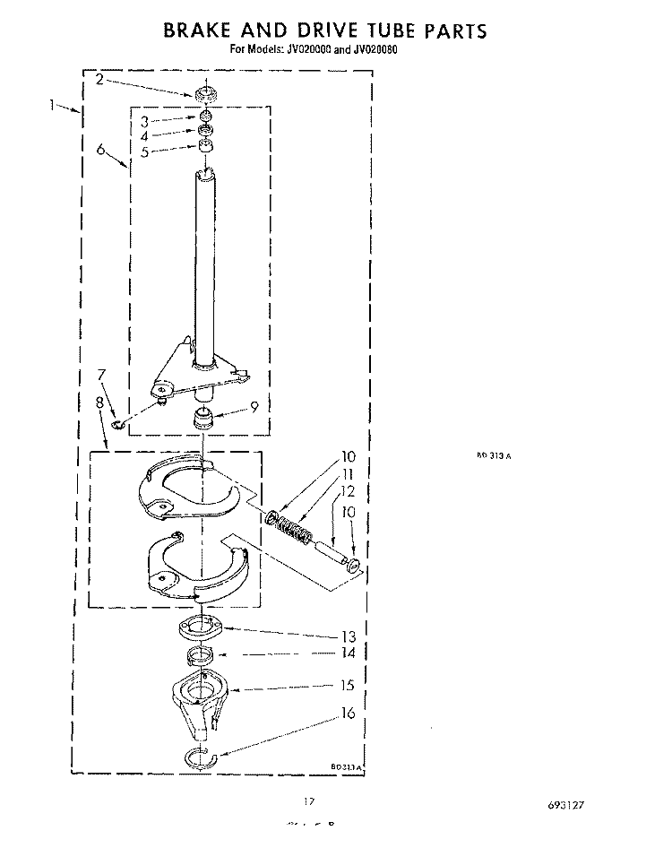 BRAKE AND DRIVE TUBE Diagram and Parts List for JV020000  Whirlpool Washer Dryer Combo