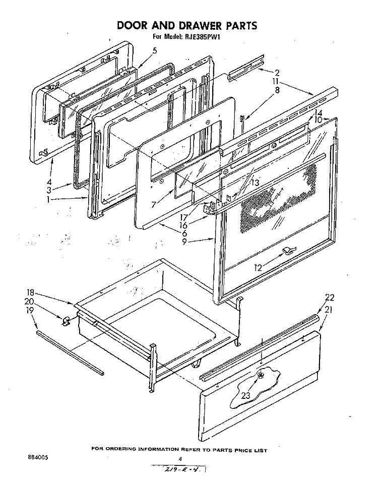 DOOR AND DRAWER Diagram and Parts List for RJE385PW1  Whirlpool Range