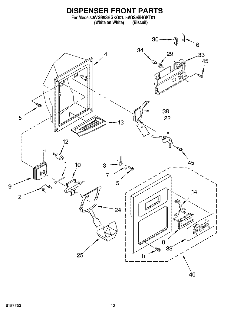 DISPENSER FRONT Diagram and Parts List for 5VGS9SHGKQ01  Whirlpool Refrigerator