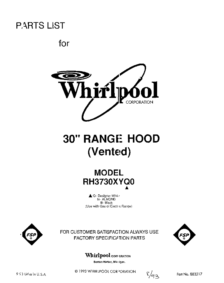 SECTION Diagram and Parts List for RH3730XYQ0  Whirlpool Range Hood