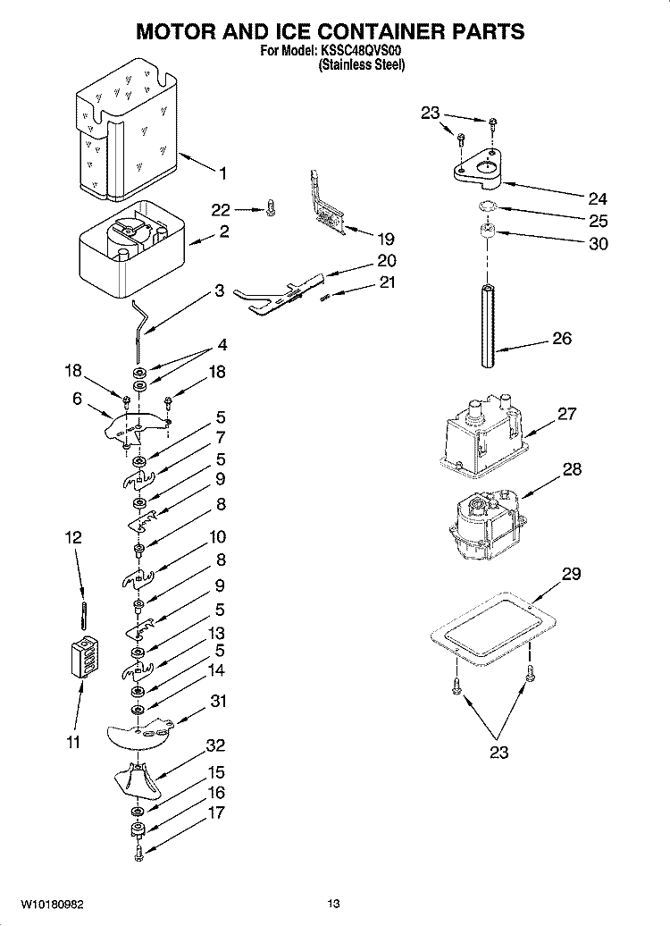 MOTOR AND ICE CONTAINER PARTS Diagram and Parts List for KSSC48QVS00  KitchenAid Refrigerator
