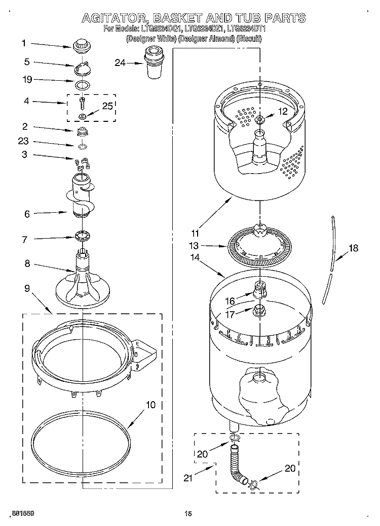 AGITATOR, BASKET, AND TUB Diagram and Parts List for LTG6234DT1  Whirlpool Washer Dryer Combo