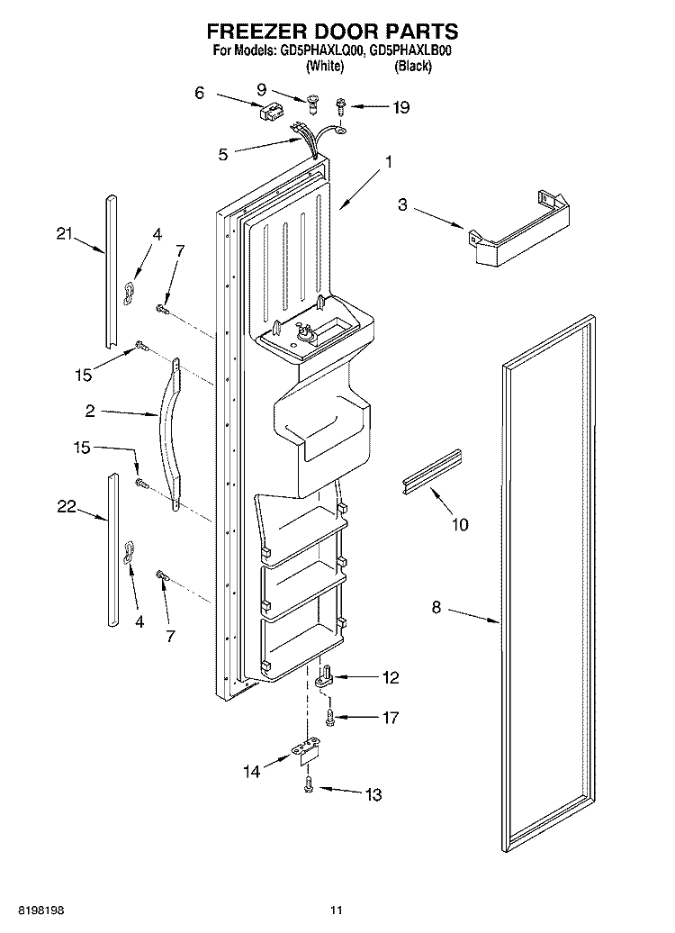 FREEZER DOOR Diagram and Parts List for GD5PHAXLB00  Whirlpool Refrigerator