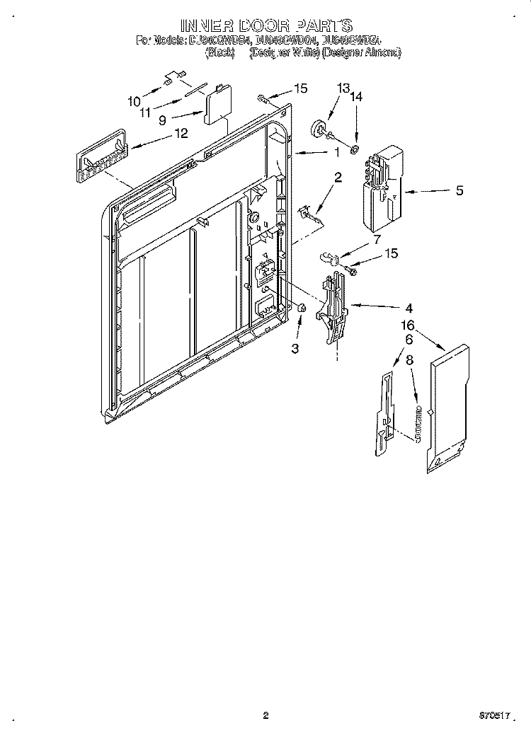 INNER DOOR Diagram and Parts List for DU940QWDB4  Whirlpool Dishwasher