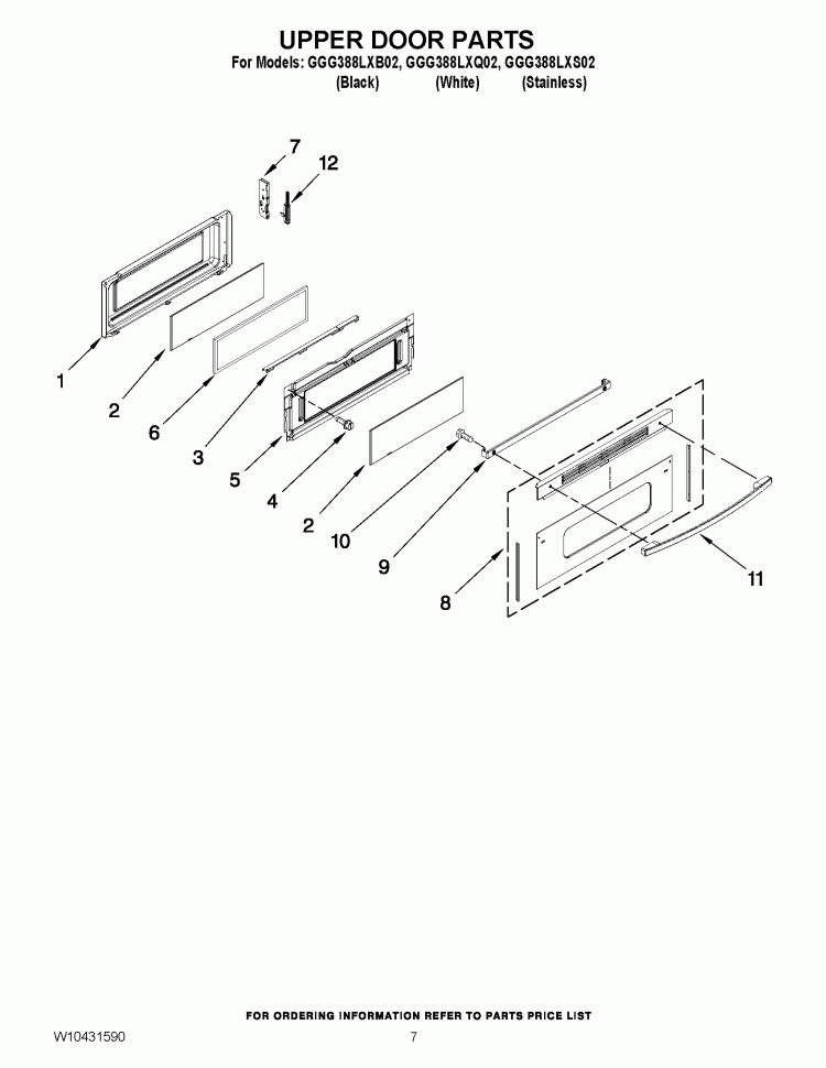 UPPER DOOR PARTS Diagram and Parts List for GGG388LXQ02  Whirlpool Range