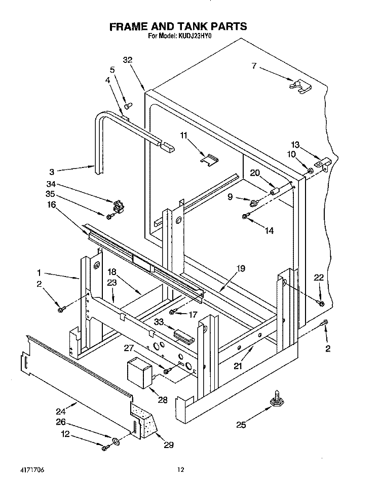 FRAME AND TANK Diagram and Parts List for KUDJ23HY0  KitchenAid Dishwasher