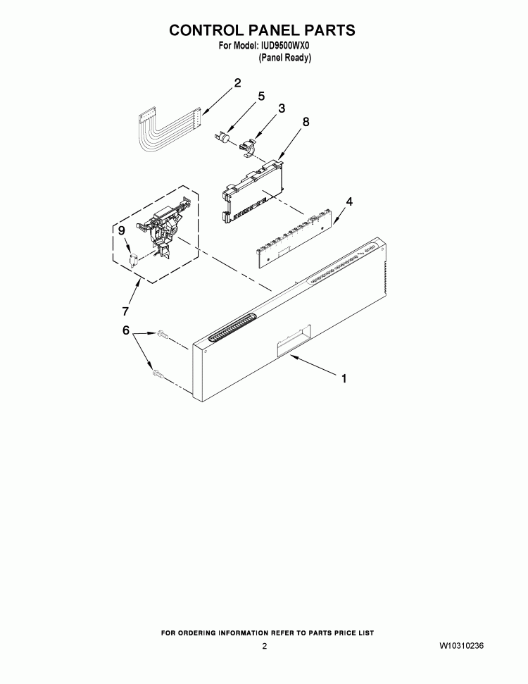 CONTROL PANEL PARTS Diagram and Parts List for IUD9500WX0  Whirlpool Dishwasher