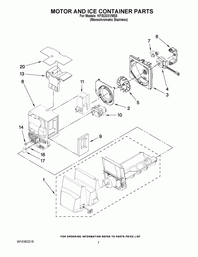 MOTOR AND ICE CONTAINER PARTS Diagram and Parts List for KFIS20XVMS5  KitchenAid Refrigerator