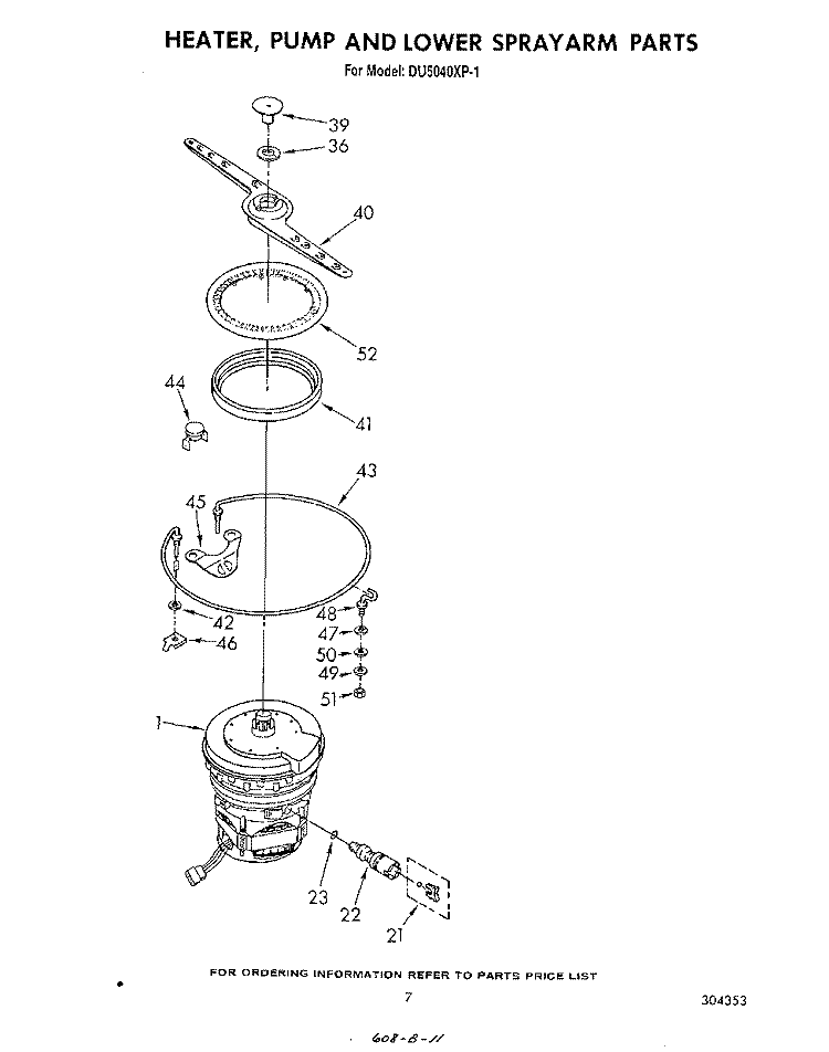 HEATER, PUMP, AND LOWER SPRAY ARM Diagram and Parts List for DU5040XP1  Whirlpool Dishwasher