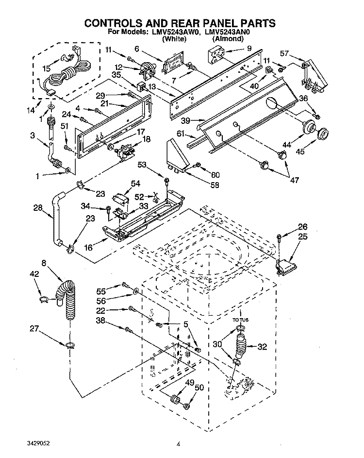 CONTROLS AND REAR PANEL Diagram and Parts List for LMV5243AN0  Whirlpool Washer