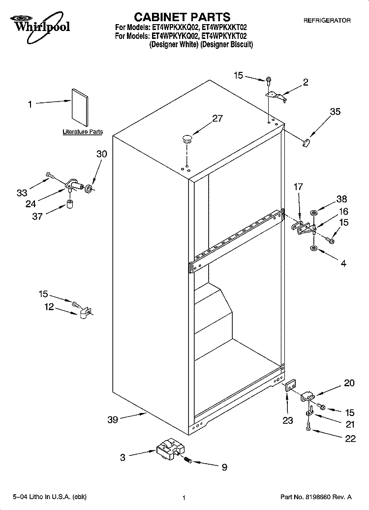 CABINET PARTS Diagram and Parts List for ET4WPKYKT02  Whirlpool Refrigerator