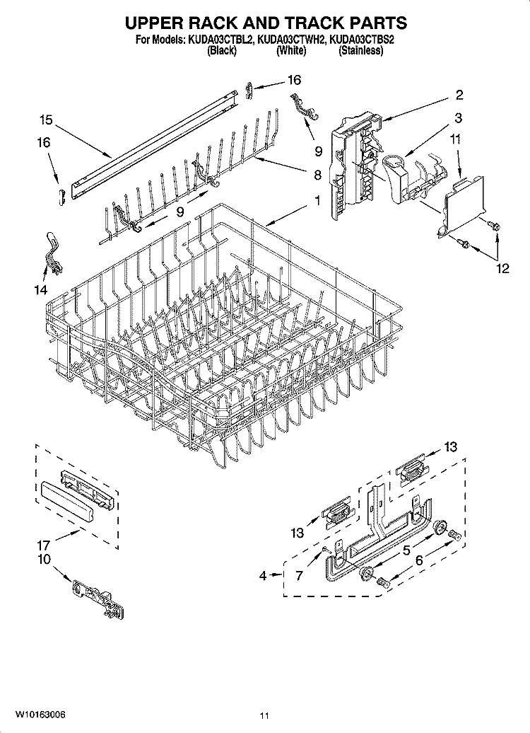 UPPER RACK AND TRACK PARTS Diagram and Parts List for KUDA03CTBL2  KitchenAid Dishwasher
