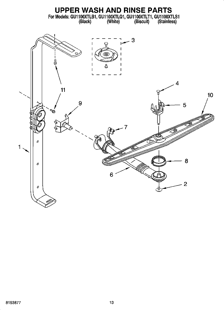 UPPER WASH AND RINSE PARTS Diagram and Parts List for GU1100XTLS1  Whirlpool Dishwasher
