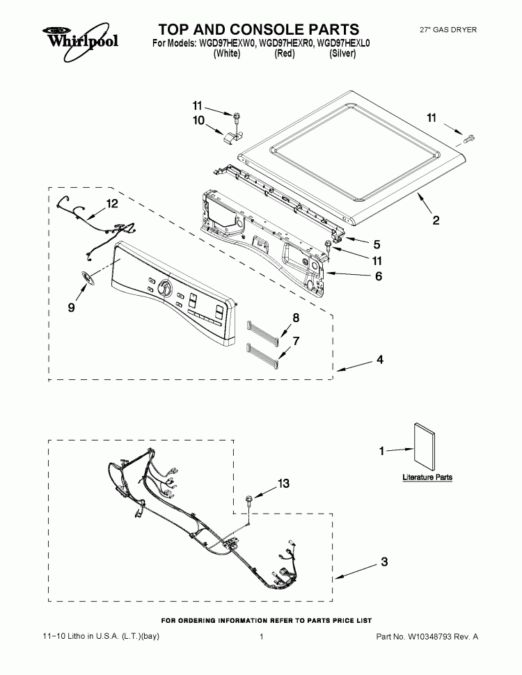 TOP AND CONSOLE PARTS Diagram and Parts List for WGD97HEXW0  Whirlpool Dryer