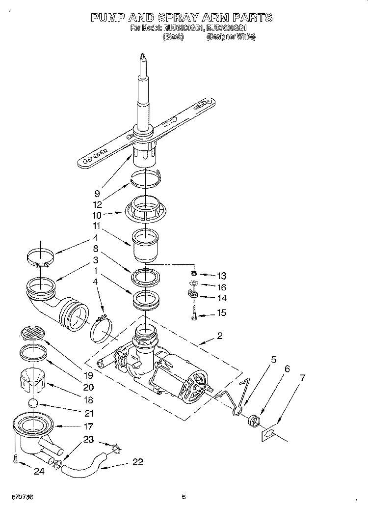 PUMP AND SPRAY ARM Diagram and Parts List for RUD3000GB1  Roper Dishwasher
