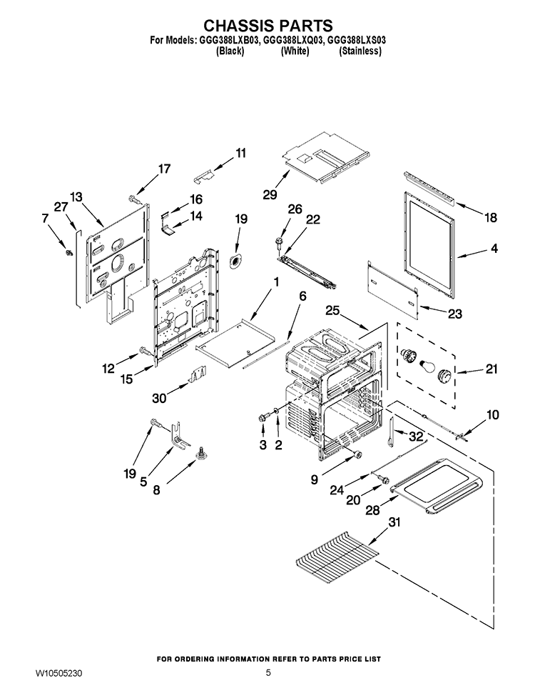 CHASSIS PARTS Diagram and Parts List for GGG388LXS03  Whirlpool Range