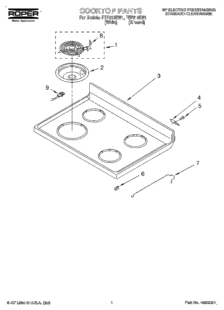 COOKTOP Diagram and Parts List for FEP310EN1  Roper Range