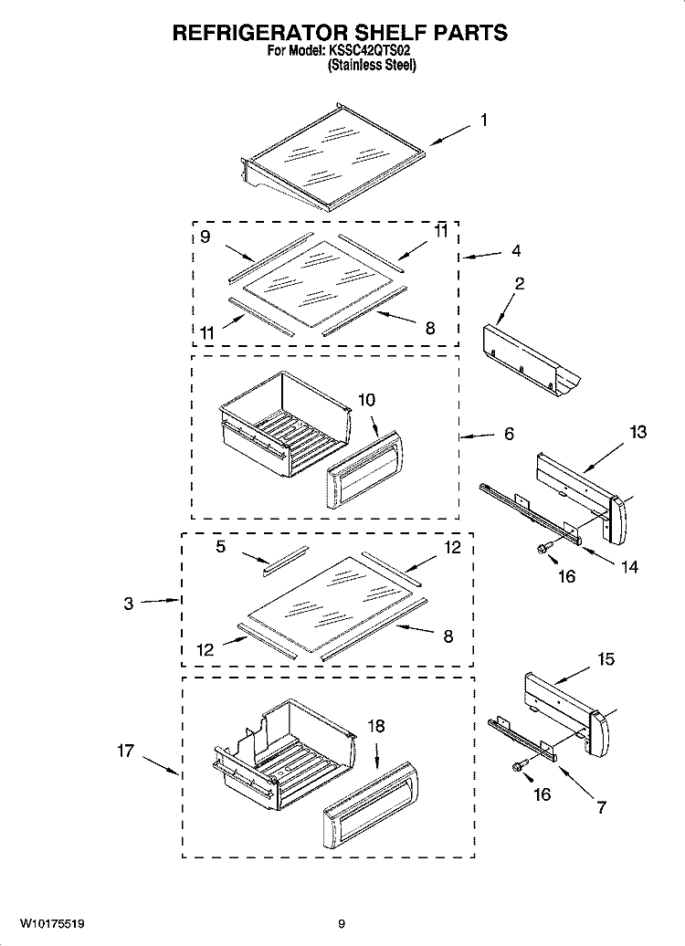 REFRIGERATOR SHELF PARTS Diagram and Parts List for KSSC42QTS02  KitchenAid Refrigerator