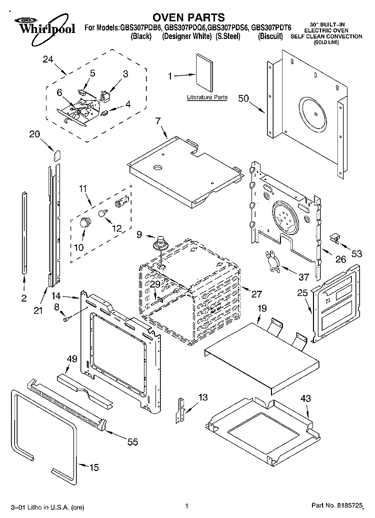 OVEN, LITERATURE Diagram and Parts List for GBS307PDB6  Whirlpool Wall Oven