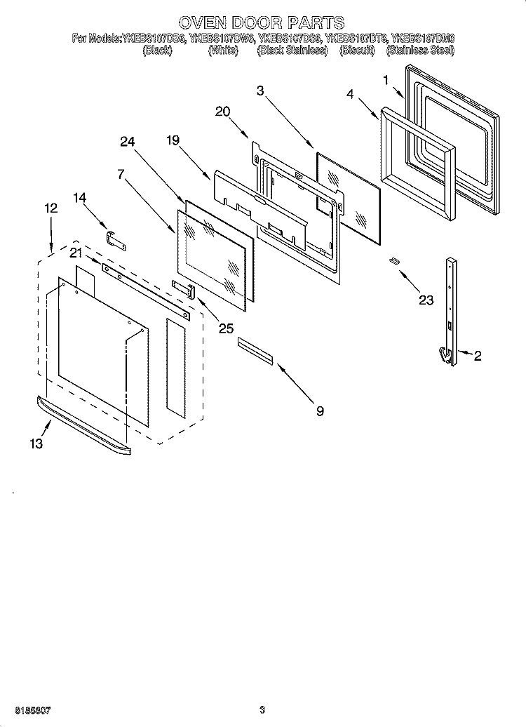 OVEN DOOR PARTS Diagram and Parts List for YKEBS107DM6  KitchenAid Wall Oven