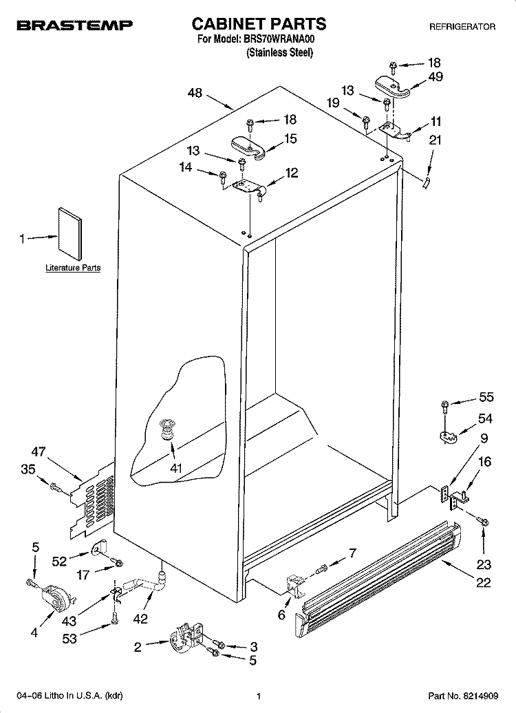 CABINET PARTS Diagram and Parts List for BRS70WRANA00  Whirlpool Refrigerator