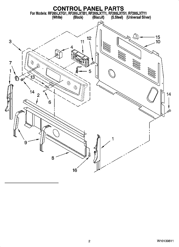 CONTROL PANEL PARTS Diagram and Parts List for RF265LXTB1  Whirlpool Range