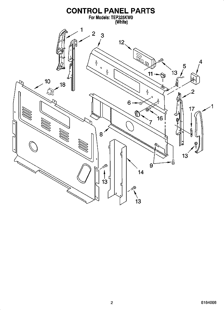 CONTROL PANEL PARTS Diagram and Parts List for TEP325KW0  Estate Range