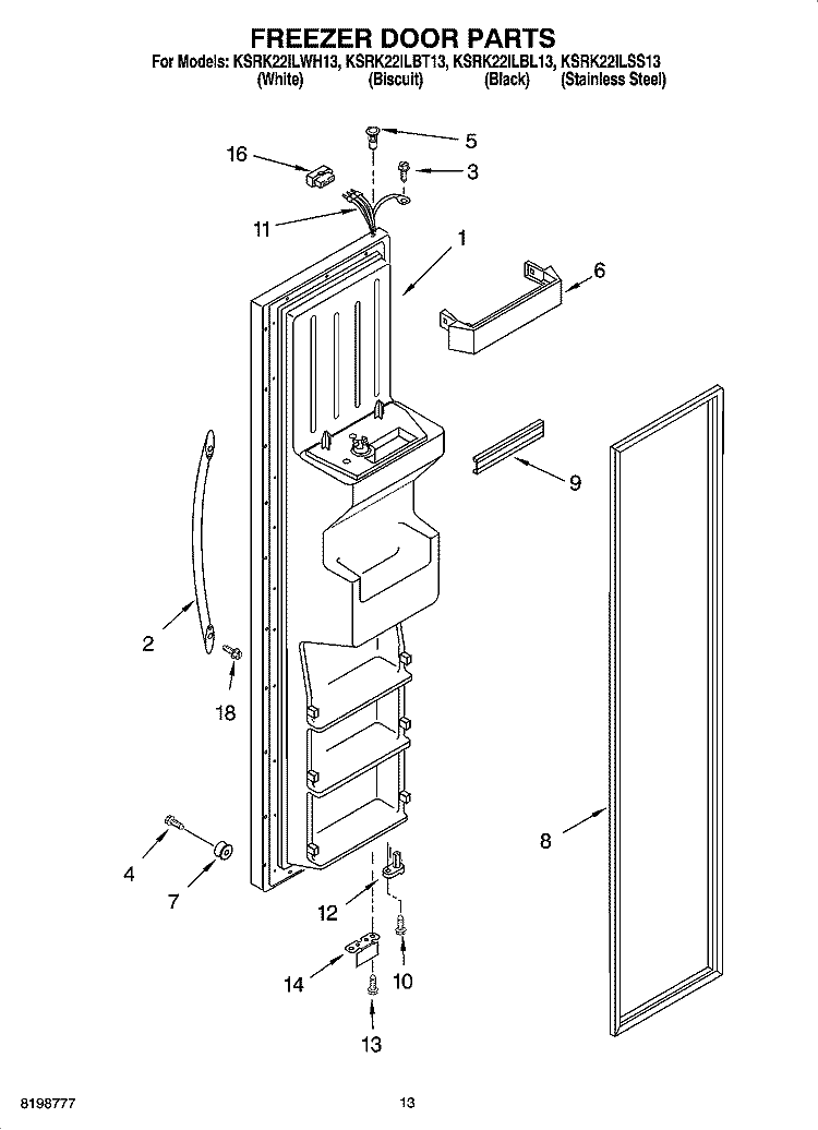 FREEZER DOOR PARTS Diagram and Parts List for KSRK22ILBL13  KitchenAid Refrigerator