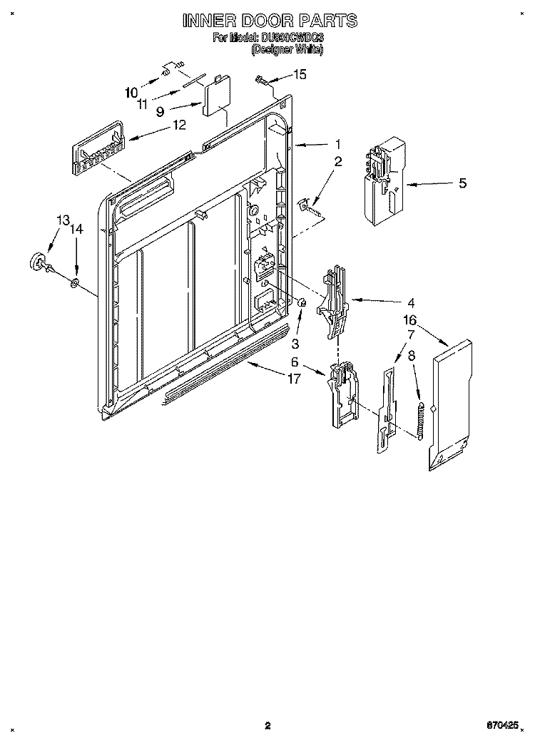 INNER DOOR Diagram and Parts List for DU800CWDQ3  Whirlpool Dishwasher